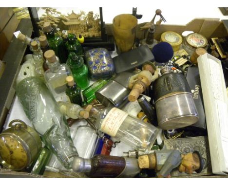 A SMALL COLLECTION OF LATE VICTORIAN GLASS PROPRIETARY BOTTLES, TWO VICTORIAN STRAIGHT PULL CORKSCREWS, A BRASS ALARM CLOCK I