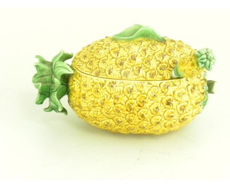 A MAJOLICA PINEAPPLE TUREEN, COVER AND LADLE