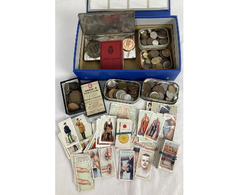 A box of vintage British &amp; foreign coins, a small collection of vintage cigarette cards &amp; 3 fun run medallions. Coins