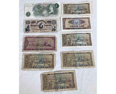 A collection of vintage bank notes, to include a 1960's One pound note and a collection of Romanian Lei. 