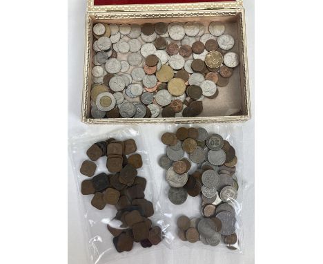 A small box of assorted vintage foreign and empire coins. To include: sovereign heads of George V, VI and Elizabeth II. Lots 