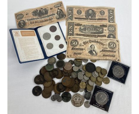 A collection of assorted antique &amp; vintage coins and bank notes. To include: facsimile Confederate States of America note