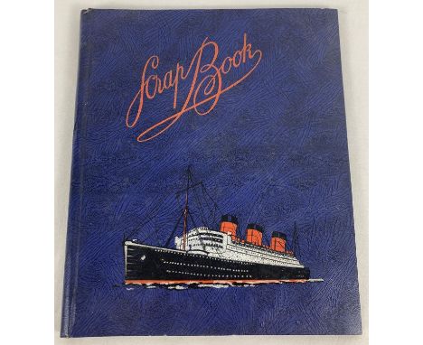 A vintage scrap book with ship detail to front containing collection of black and white images of WWII aircraft and pilots an