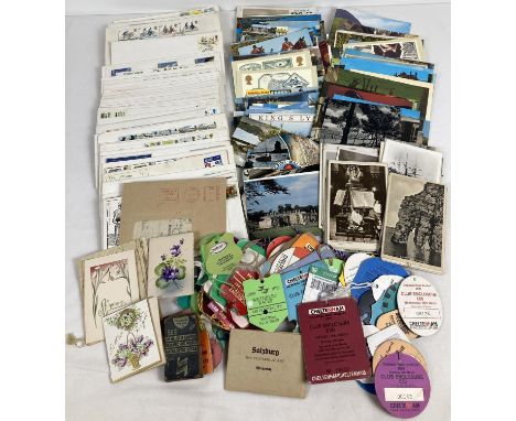 A box of assorted vintage ephemera to include postcards, First Day Covers, Greetings cards and horse racing enclosure badges.