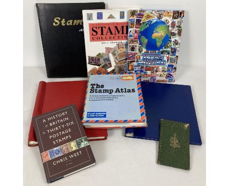 A box of vintage and modern stamp stock books and books relating to stamp collecting. To include Stanley Gibbon's Transworld 