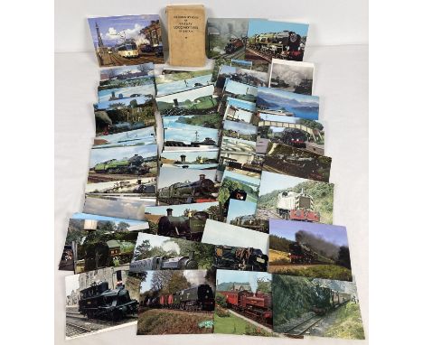A collection of modern railway and train postcards together with a vintage copy of The Observer's Book Of Railway Locomotives