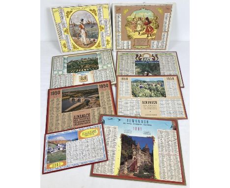 8 vintage 1950's, 60's and 80's Des P.T.T. Almanach calendars in varying conditions. Most with attached paper maps. 