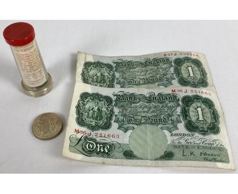 A small collection of vintage British bank notes and coins. To include: 2 x L.K. O'Brien £1 notes (M36 &amp; R47 prefixes), a