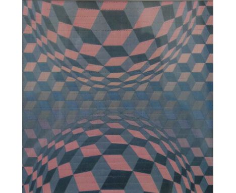 A framed and glazed vintage Blotter art print of Victor Vasarely optical illusion. This blotter surfaced around 1994. H.33 W.