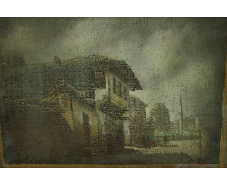 A gilt framed artist's proof gilded lithograph titled 'Sarajevo', monogrammed E.A. and indistinctly signed. H.38 W.43cm. 