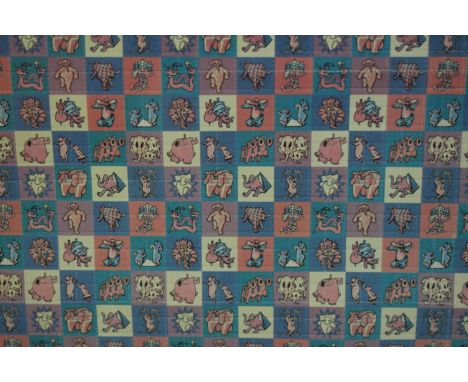 A framed and glazed Ken Kesey signed Blotter art print with patchwork design of pink elephants from Dumbo, signed by Ken Kese