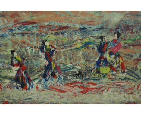 A framed and glazed print of Japanese ladies, indistinctly signed. H.60 W.80cm. 