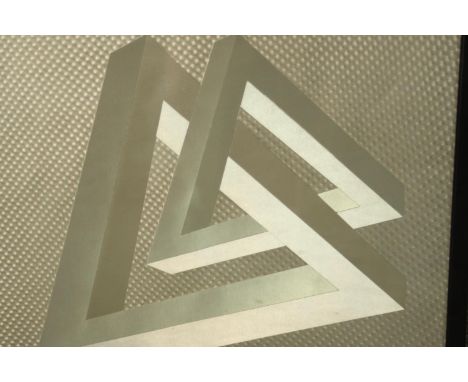 A framed and glazed metallic print of an optical illusion of two interlinked triangles. Stamped to the back Sweden. H.47 W.47