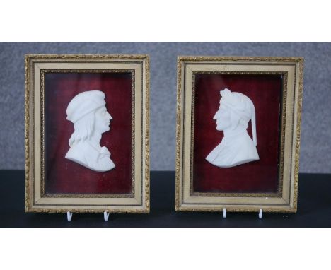 A pair of 19th century framed and glazed Grand Tour carved marble shallow relief portrait busts of Dante and Virgil. H.24 W.1