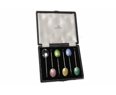 SET OF SIX SILVER AND GUILLOCHE ENAMEL COFFEE SPOONSwith bean terminals, unmarked other than 'England' and tests for Sterling