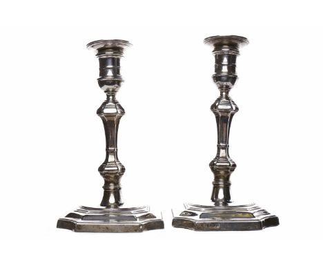 PAIR OF EDWARDIAN SILVER CANDLESTICKSmaker's mark rubbed, Sheffield 1903? (date letter indistinct), of George II design, with