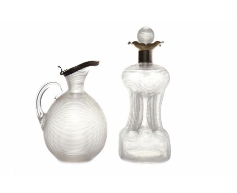 EDWARDIAN SILVER TOPPED RIBBED GLASS DECANTER WITH STOPPERof waisted form with pinched corners, maker's mark rubbed, London 1