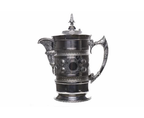 19TH CENTURY AMERICAN SILVER PLATED WINE JUG maker Simpson Hall Miller & Co, with cast foliate spout and handle, with hinged 