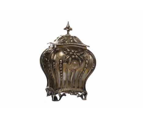 EDWARDIAN SILVER TEA CADDY OF ROCOCO DESIGNmaker's mark indistinct (? E & Co LD), London 1896, of bombe form with pinched cor