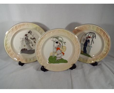 Royal Worcester - three plates by Palissy with relief decoration depicting ladies in period costume entitled Selina, Penelope