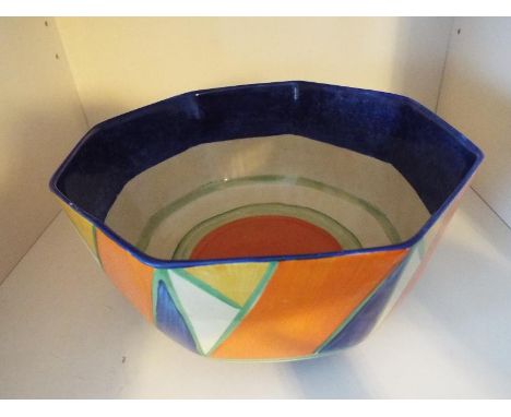 A Clarice Cliff large octagonal pedestal bowl hand painted in shades of blue, green, pink and orange diamonds, 11.5 cm (high)