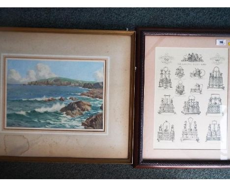 A watercolour depicting a coastal scene signed lower left, mounted and framed under glass, image size 34 cm x 34 cm and a fra