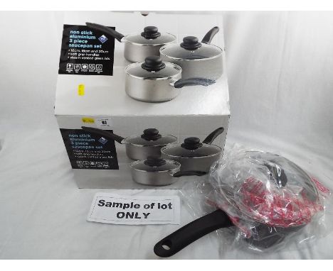 A new and unused set of three non stick aluminium Teflon coated saucepans with vented glass steam lids, boxed