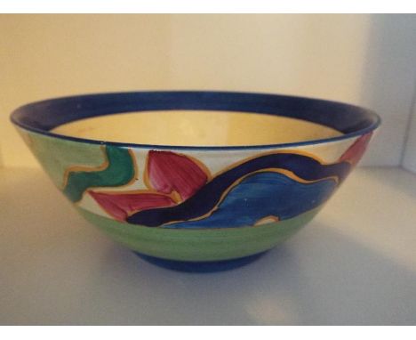 A Clarice Cliff large blue chintz pedestal bowl hand painted in shades of blue, green, pink and orange, 8 cm (high) x 19 cm (