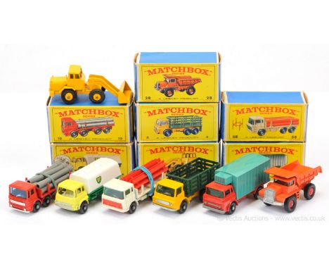 Matchbox Regular Wheels group of Commercial Cars. Including (1) 4d Dodge Stake Truck -yellow cab and chassis, green stake bod