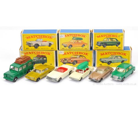 Matchbox Regular Wheels group of Cars. (1) 12c Land rover Safari - dark green body, clear windows, brown luggage, 45-tread bl