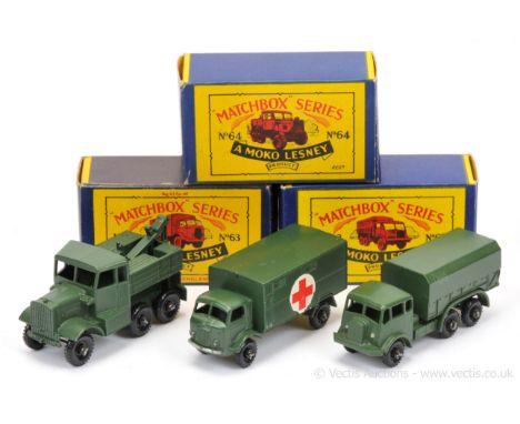 Matchbox Regular Wheels group of Military Vehicles all with black plastic wheels &amp; crimped axles - (1) 62a AEC Military G