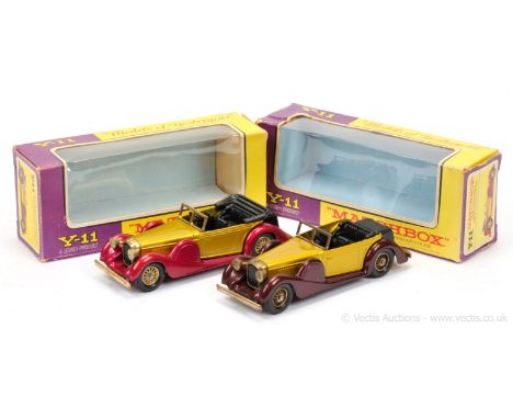 Matchbox Models of Yesteryear Y11 1938 Lagonda Drophead Coupe pair (1) glossy gold body, magenta chassis (commonly referred t