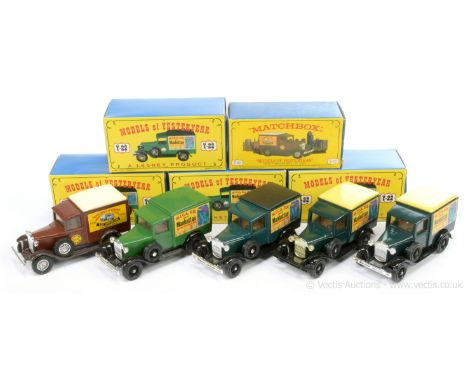 Matchbox Models of Yesteryear Code 2 Issues - all are Y22 Ford Model A Vans; (1) "MICA UK goes to Manhattan" - mid-green body