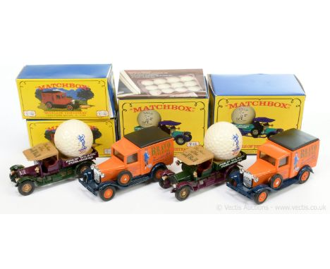 Matchbox Models of Yesteryear Code 2 issues (1) Y22 Ford Model A Van "BCG" - orange body, dark blue chassis; (2) similar but 