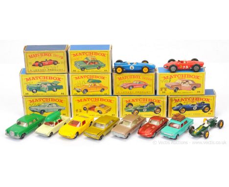 Matchbox Regular Wheels group of Mid to Late 1960's issue Cars - Including (1) 19d Lotus Formula 1 Racing Car with racing num