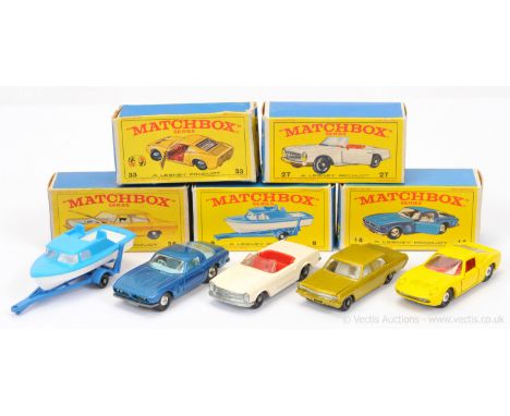 Matchbox Regular Wheels group of Cars &amp; Trailers. (1) 9d Cabin Cruiser and Trailer; (2) 14d Iso Grifo; (3) 27d Mercedes 2