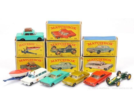 Matchbox Regular Wheels Group of Cars &amp; Trailers to include (1) 31c Lincoln Continental; (2) 22cPontiac GP Coupe - Missin