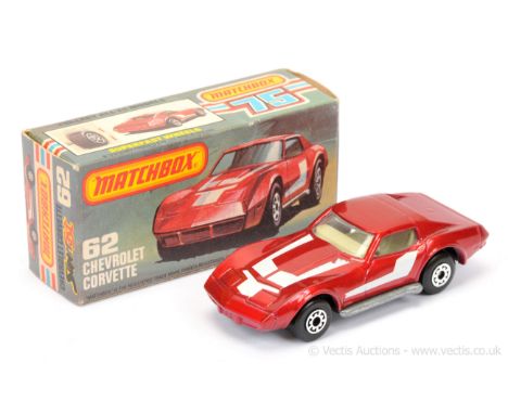 Matchbox Superfast 62d Chevrolet Corvette - metallic red body with white hood and door tampo print, clear windows, pale grey 