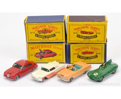 Matchbox Regular Wheels group of Cars Including (1) 39a Ford Zodiac Convertible, dark salmon pink body, tan driver, turquoise