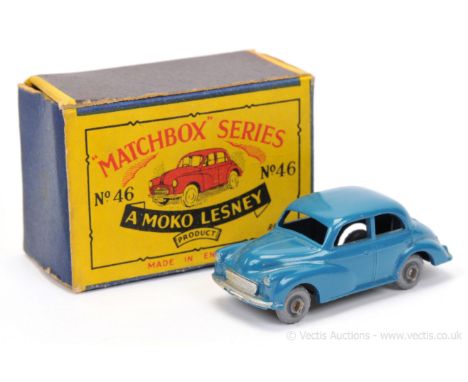 Matchbox Regular Wheels 46a Morris Minor - blue body with mask sprayed silver trim with red tail lamps, roof with ejector rin