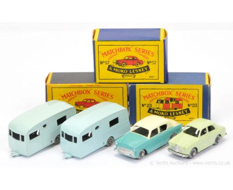 Matchbox Regular Wheels Group of Cars &amp; Caravans to include (1) 43a Hillman Minx - turquoise body with mask sprayed front