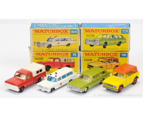 Matchbox Regular Wheels group of models to include (1) 6d Ford Pick-up Truck; (2) 18e Field car; (3) 54b Cadillac Ambulance; 