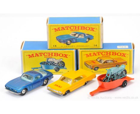 Matchbox Regular wheels group of Cars &amp; Trailers Including (1) 14d Iso Grifo - metallic lighter blue body, type B base; (