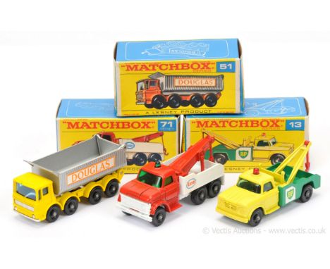 Matchbox Regular Wheels group of Commercial vehicles to include (1) 13d Dodge BP Wreck Truck with "BP" labels; 51c AEC Tipper