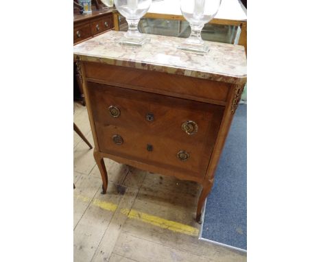 A Louis XVI walnut and marble top commode,&nbsp;labelled 'Krieger, Paris', 66cm wide.&nbsp; 