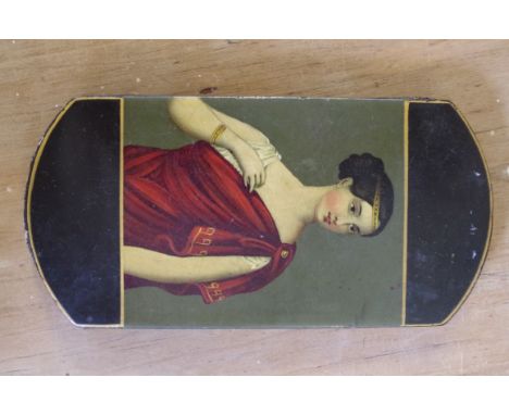 A 19th century Stobwasser style papier mache cigar case, painted with a half length portrait of a classical lady, 14 x 7cm. 