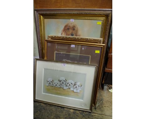 Six various dog pictures, to include a pastel by Marjorie Cox,&nbsp;51.5 x 45cm.&nbsp; 