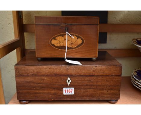 A George III mahogany and inlaid tea caddy, 19cm wide; together with a 19th century rosewood work box, 31cm wide. 