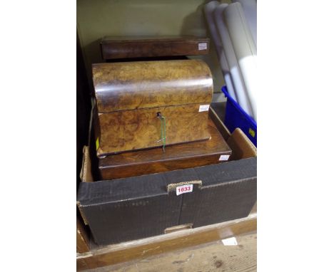 A Victorian burr walnut dome top tea caddy;&nbsp;together with a Victorian rosewood work box; and two other 19th century boxe
