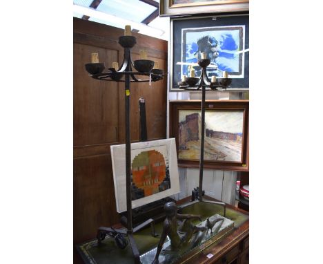 A pair of large wrought iron five light tripod lamps,&nbsp;109cm high. 